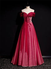 Burgundy Tulle Sequins Off the Shoulder Beading Pleats Prom Dress